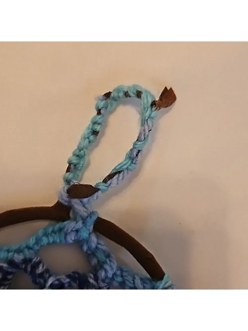 Hand Knit Crochet Dreamcatcher Brown Blue Yarn Feathers